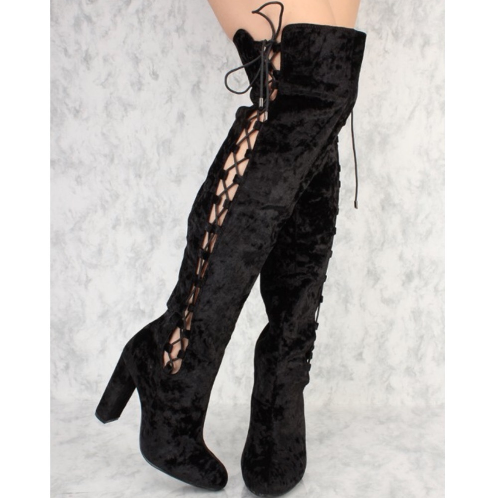 EUC Velvet Lace Up Chunky Heel Over The Knee Boots